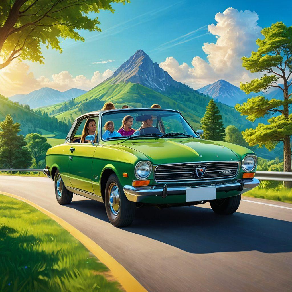 A vibrant and secure car insurance scene featuring a happy family inside a car, enjoying a scenic drive with lush green landscapes around them. The car should be modern and colorful, symbolizing safety and security, with a glowing shield overlay to represent comprehensive coverage. The sky should be bright and sunny, adding a feel-good atmosphere. Illustrative style, bright colors, and a cheerful ambiance.