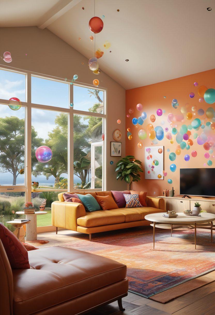A serene scene depicting a diverse group of people, including families and young professionals, happily exploring options on their laptops and smartphones in a bright, cozy home setting. They are surrounded by visual representations of cars, insurance quotes in colorful bubbles, and symbols of peace of mind like doves and tranquil landscapes. The atmosphere is warm and inviting, symbolizing security and trust. super-realistic. vibrant colors. 3D.