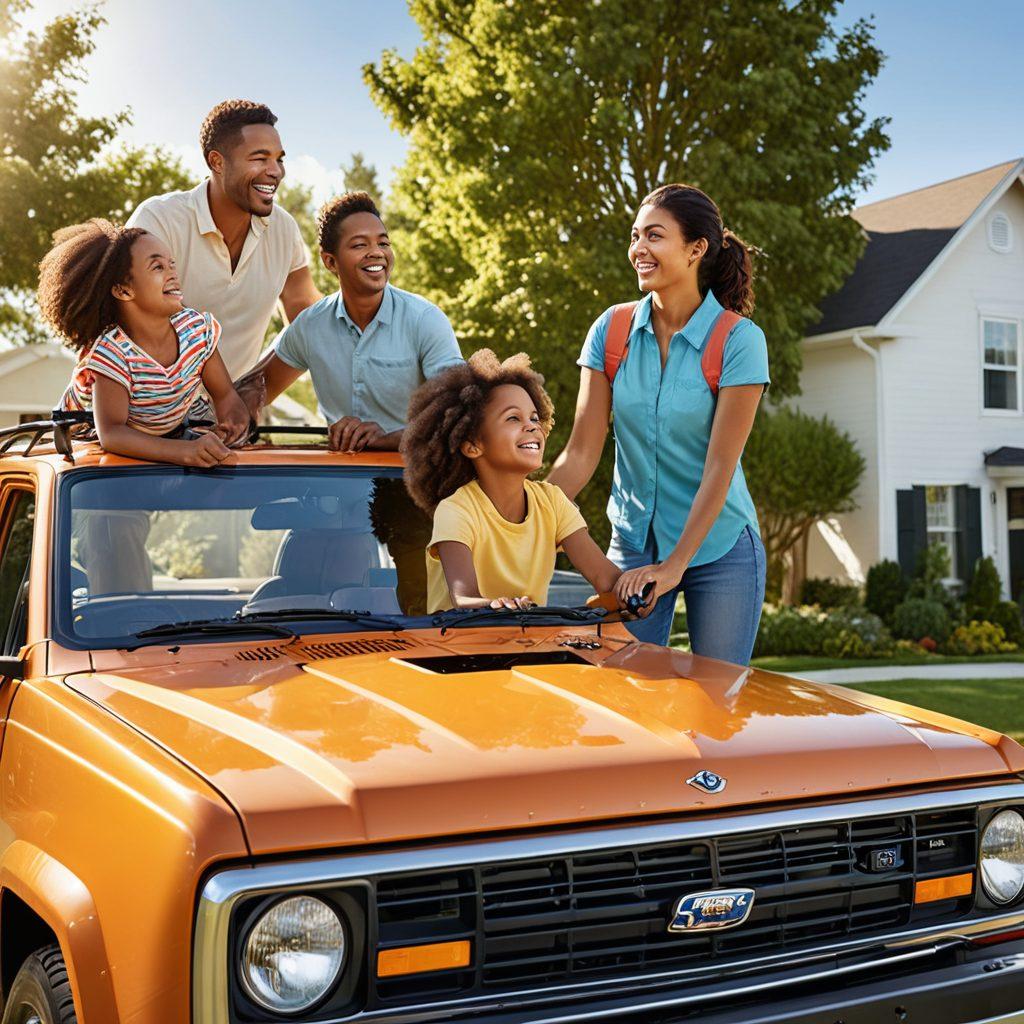 A serene scene of a joyful family loading their affordable, well-protected vehicle, with cheerful expressions on their faces. In the background, a bright sun illuminating a clear sky symbolizes happiness. Include a computer displaying instant auto insurance quotes nearby, blending technology with family life. Use vibrant colors to evoke positivity and warmth. super-realistic. vibrant colors. outdoor setting.
